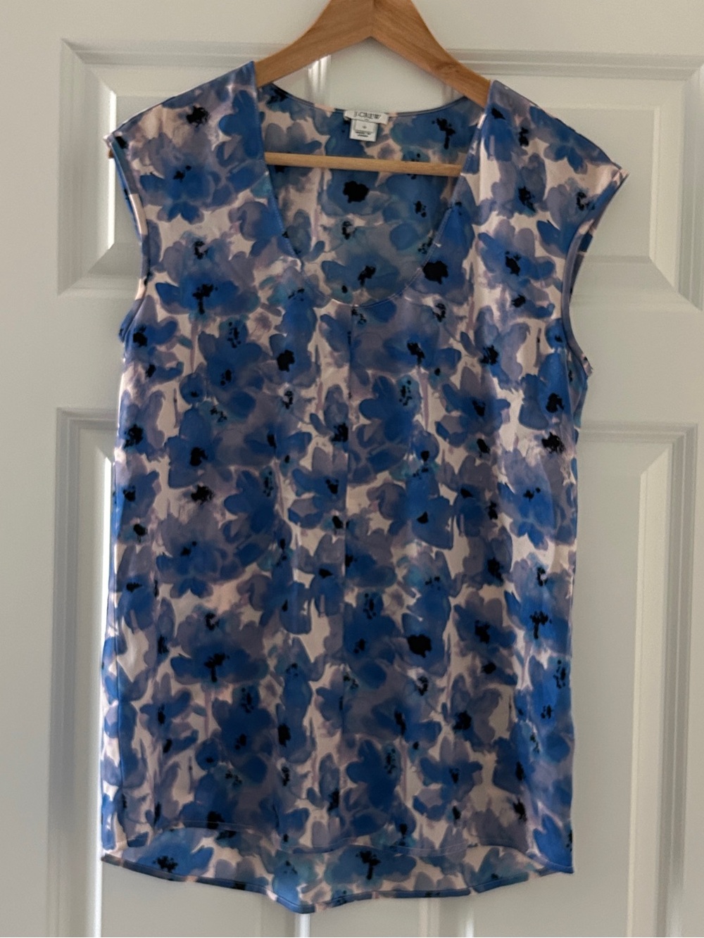 J. Crew Factory Blue and White Floral V-Neck Cap-Sleeve Blouse